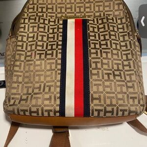 Tommy Hilfiger Brown Backpack with Red and White Stripe